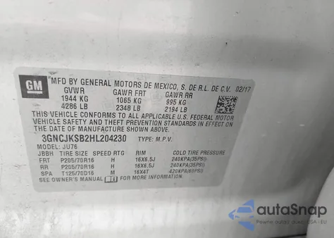 2017 Chevrolet Trax Ls из США, поврежденный, VIN 3GNCJKSB2HL204230